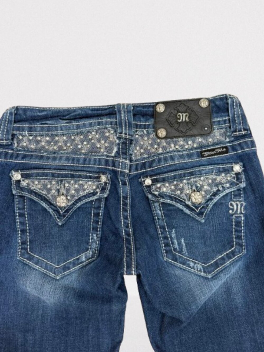 Miss Me Low Rise Embellished Medium Wash Boot Cut Jeans Size 26x34"